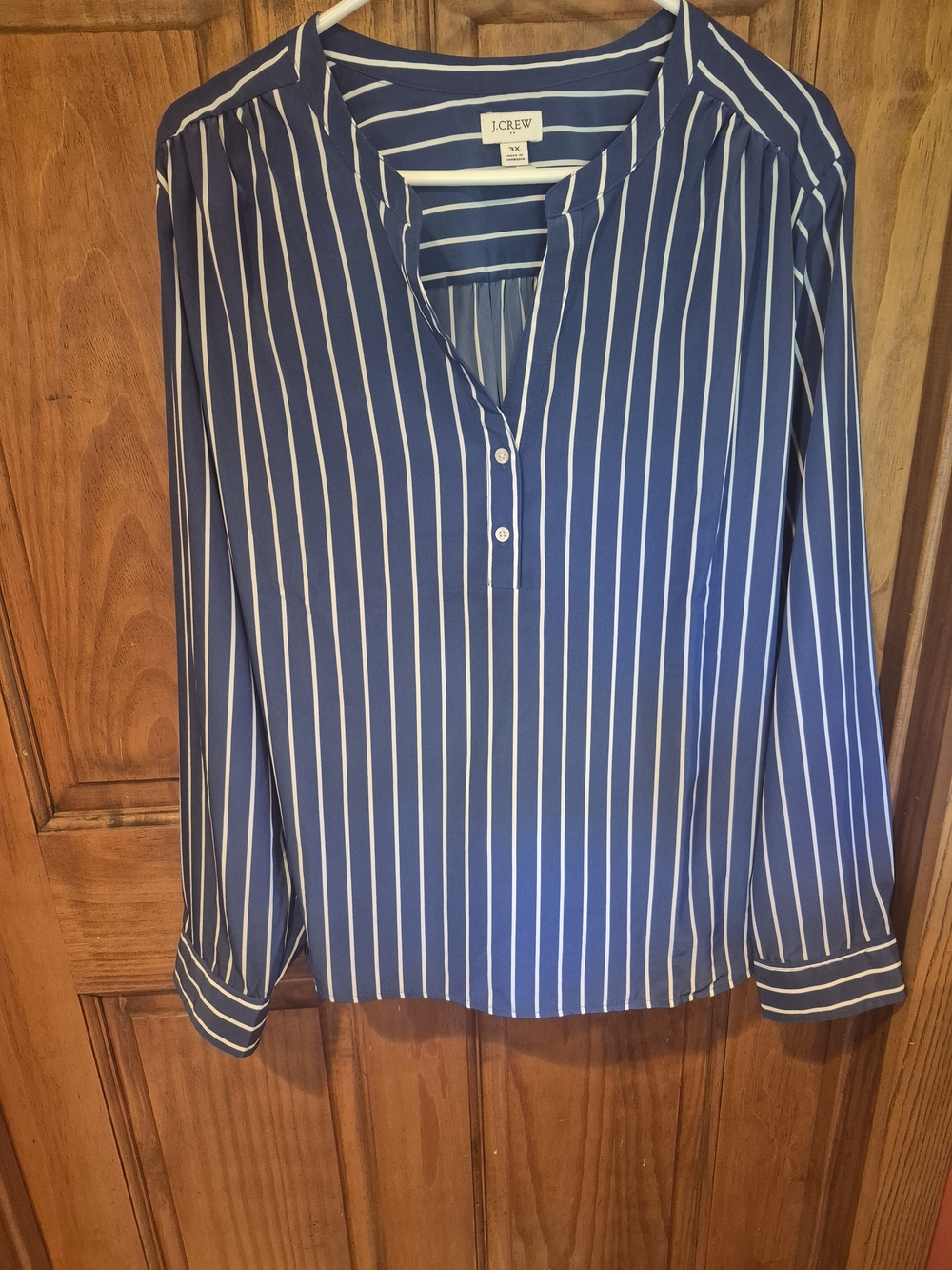 J. Crew Blue and White Vertical Stripe Split-Neck Blouse